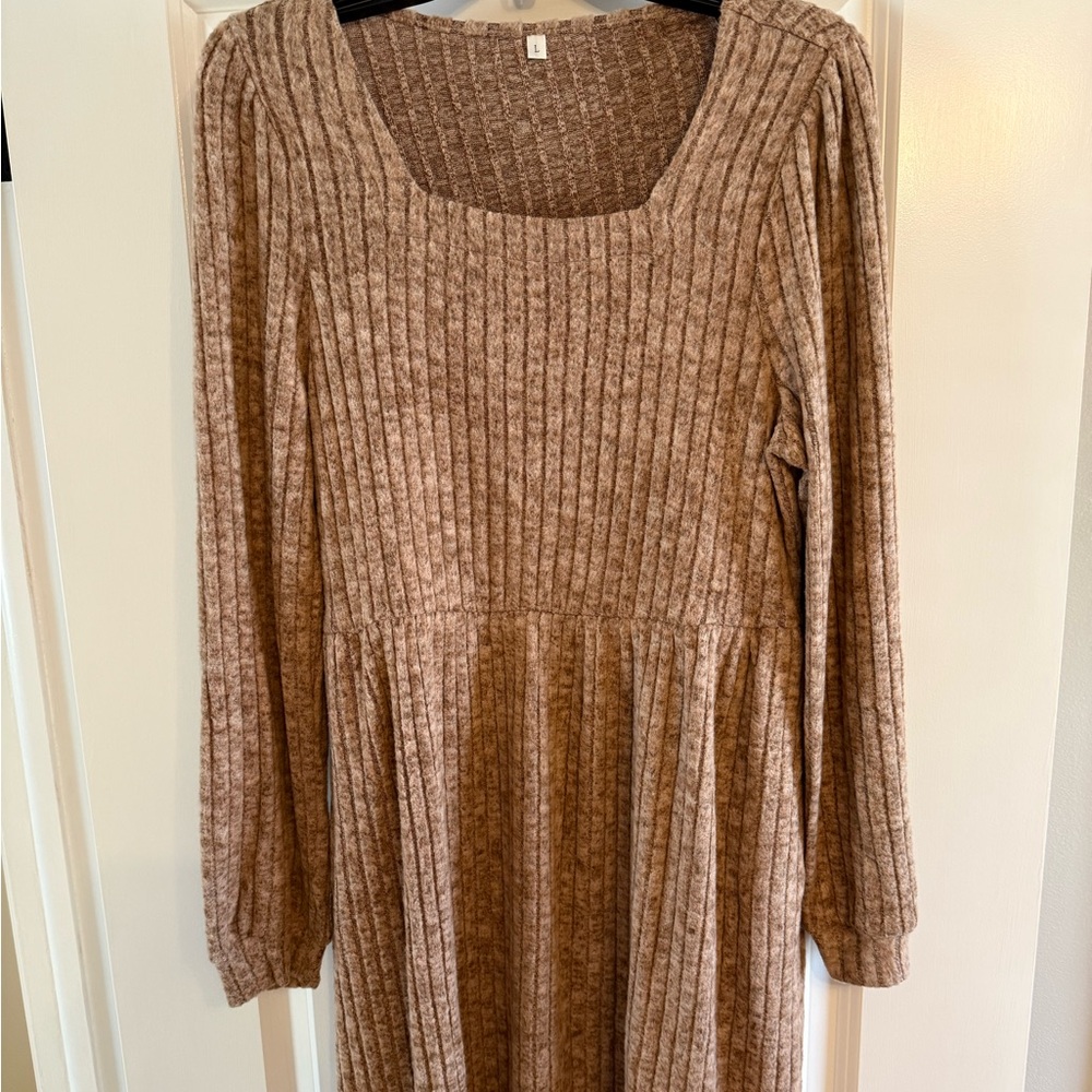 Brown Ribbed Long Sleeve Dress